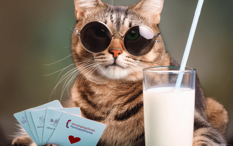 AI foto van een kat met VfPf speelkaarten in zijn hand en een glas melk